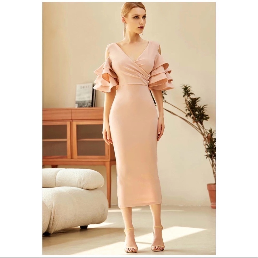 Bodycon Club Dress Sexy Deep V Neck Ruffles Butterfly Short Sleeve Midi size M